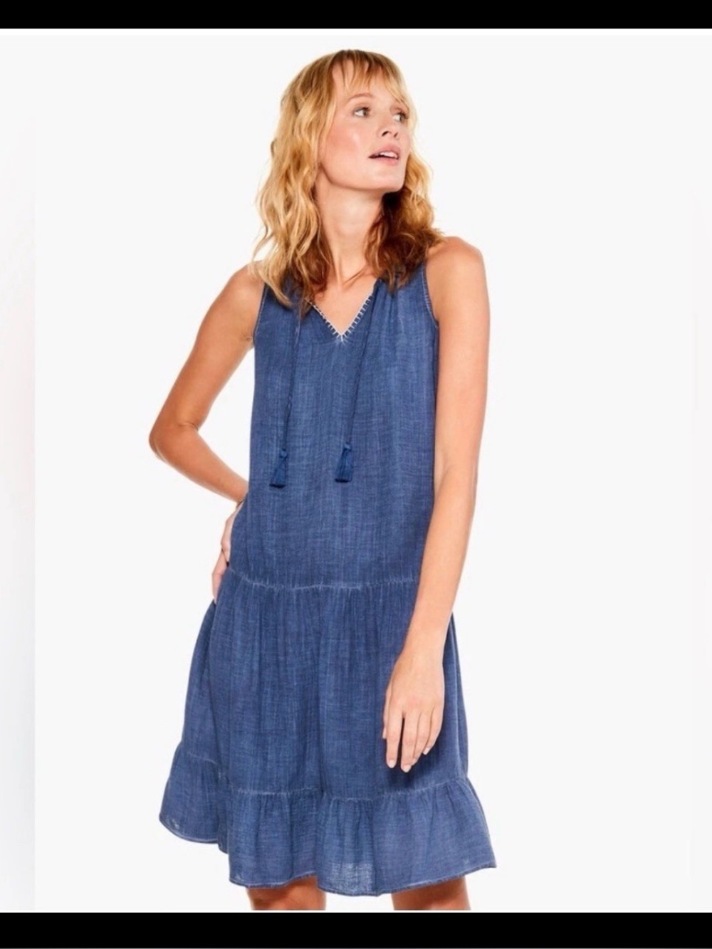 Nic+Zoe Tiered Parisian Blue Gauzy Sleeveless Tassles Embroidered Dress S